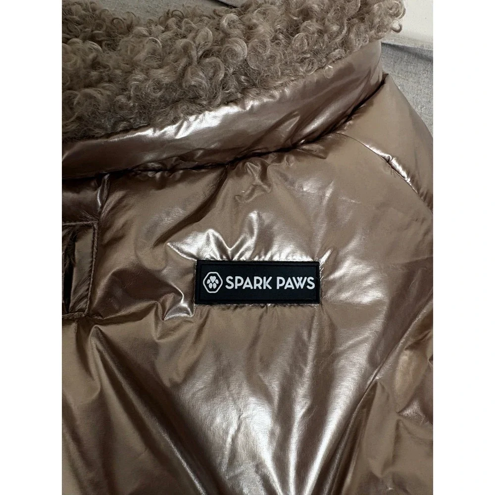 Spark Paws Dog Coat 3XL Champagne Gold Metallic Puffer Faux Fur Lined Jacket